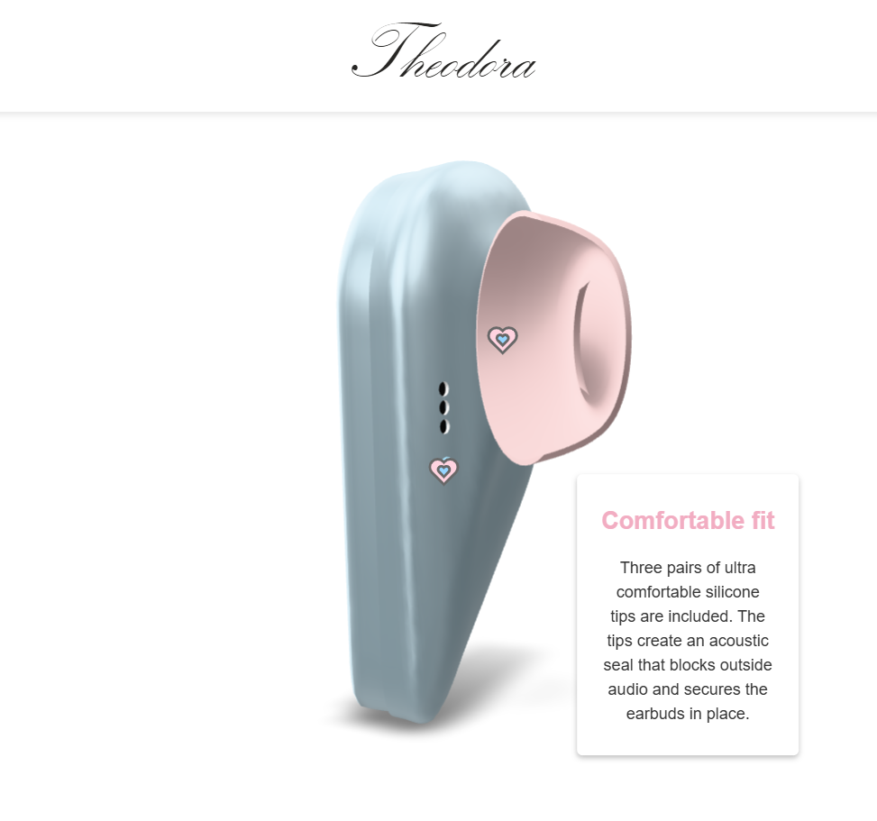 imagery of the thedora earbuds, dreamy heart shaped earbuds