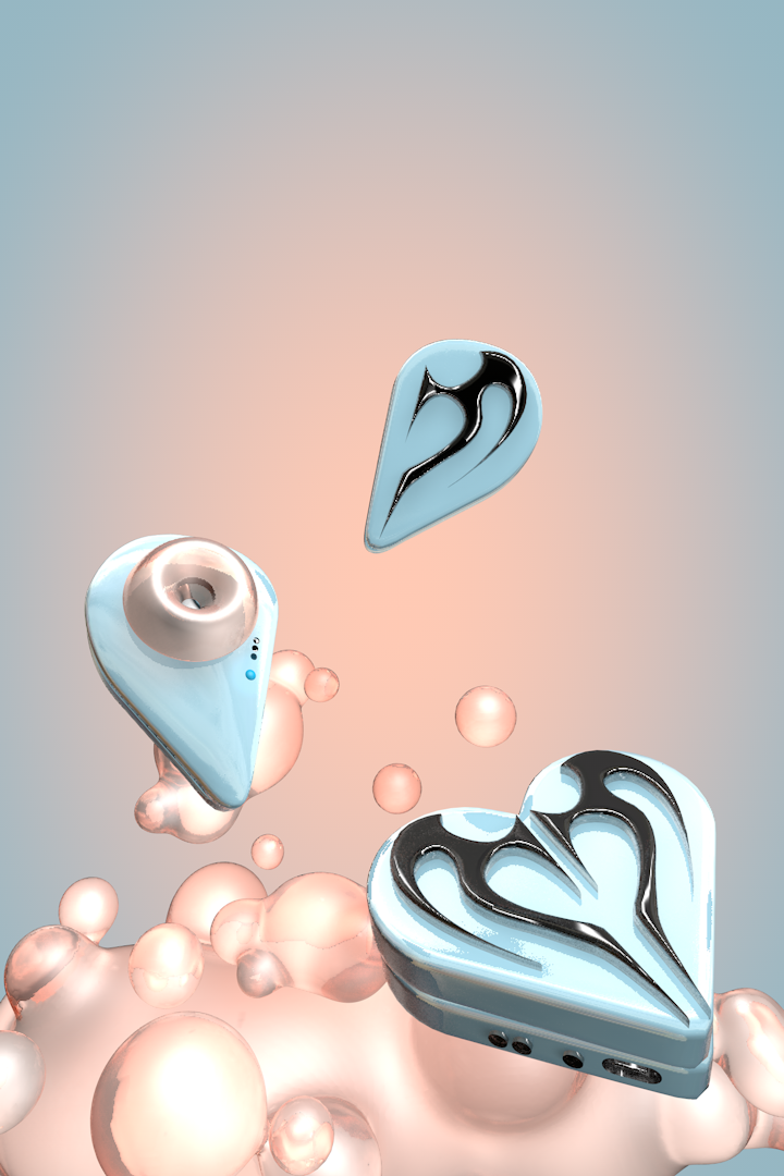 imagery of the thedora earbuds, dreamy heart shaped earbuds