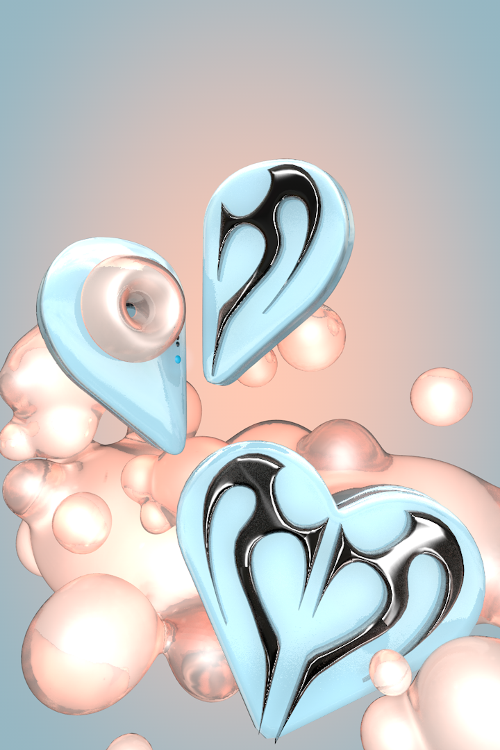 imagery of the thedora earbuds, dreamy heart shaped earbuds